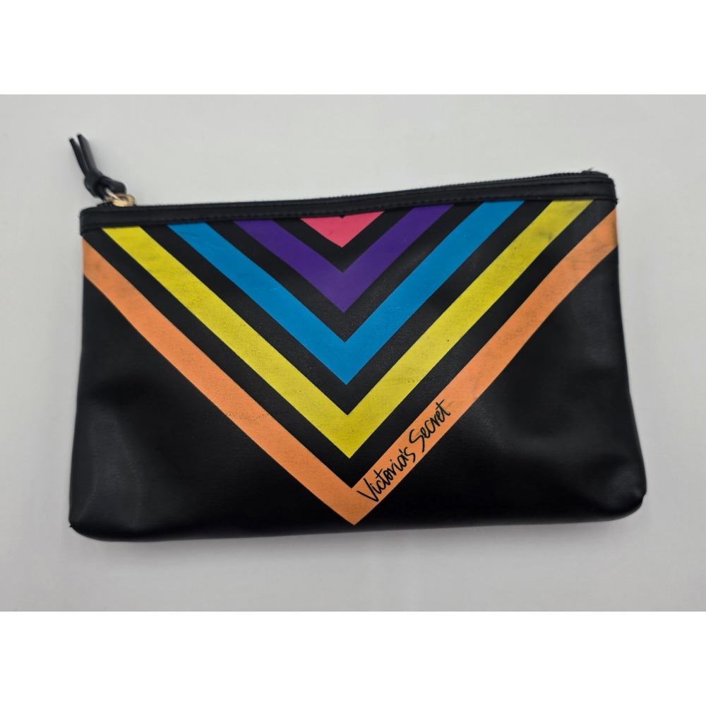Victoria's Secret Black Rainbow Chevron Makeup Bag Zipper Pouch Travel Cosmetic